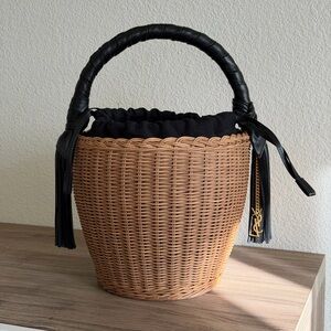 Saint Laurent Panier Tassel Round Bucket Bag Wicker with Black Leather. Pristine